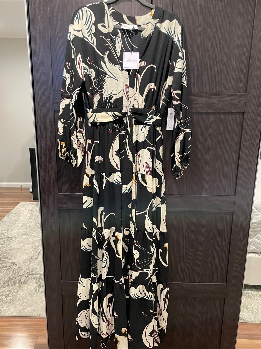 PremierAmour Black Floral Maxi Dress with Mustard,Teal & Maroon Details